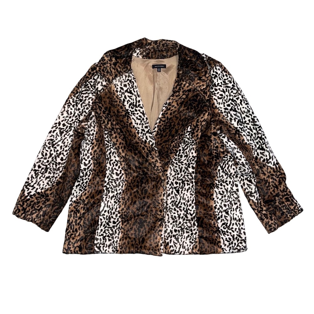 Saks Fifth‎ Avenue Leopard Print Faux Fur Coat Brown White Animal Jacket Size 14